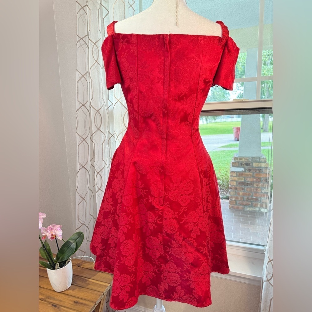 Vintage Gunne Sax Dress Womens 12 Red Jacquard Floral A-Line V-Neck Made USA 90s - Picture 8 of 9